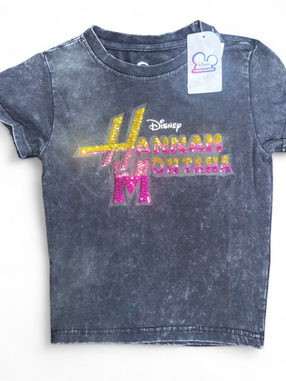 Disney throwback collection Black Washed Hannah Montana Glitter Logo Tee (new)